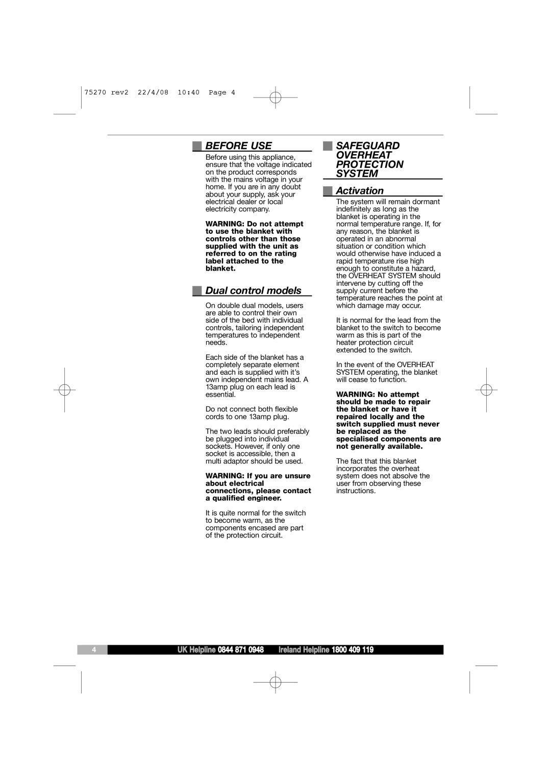 Morphy Richards EB75270 manual Before USE, Dual control models, Safeguard Overheat Protection System, Activation 