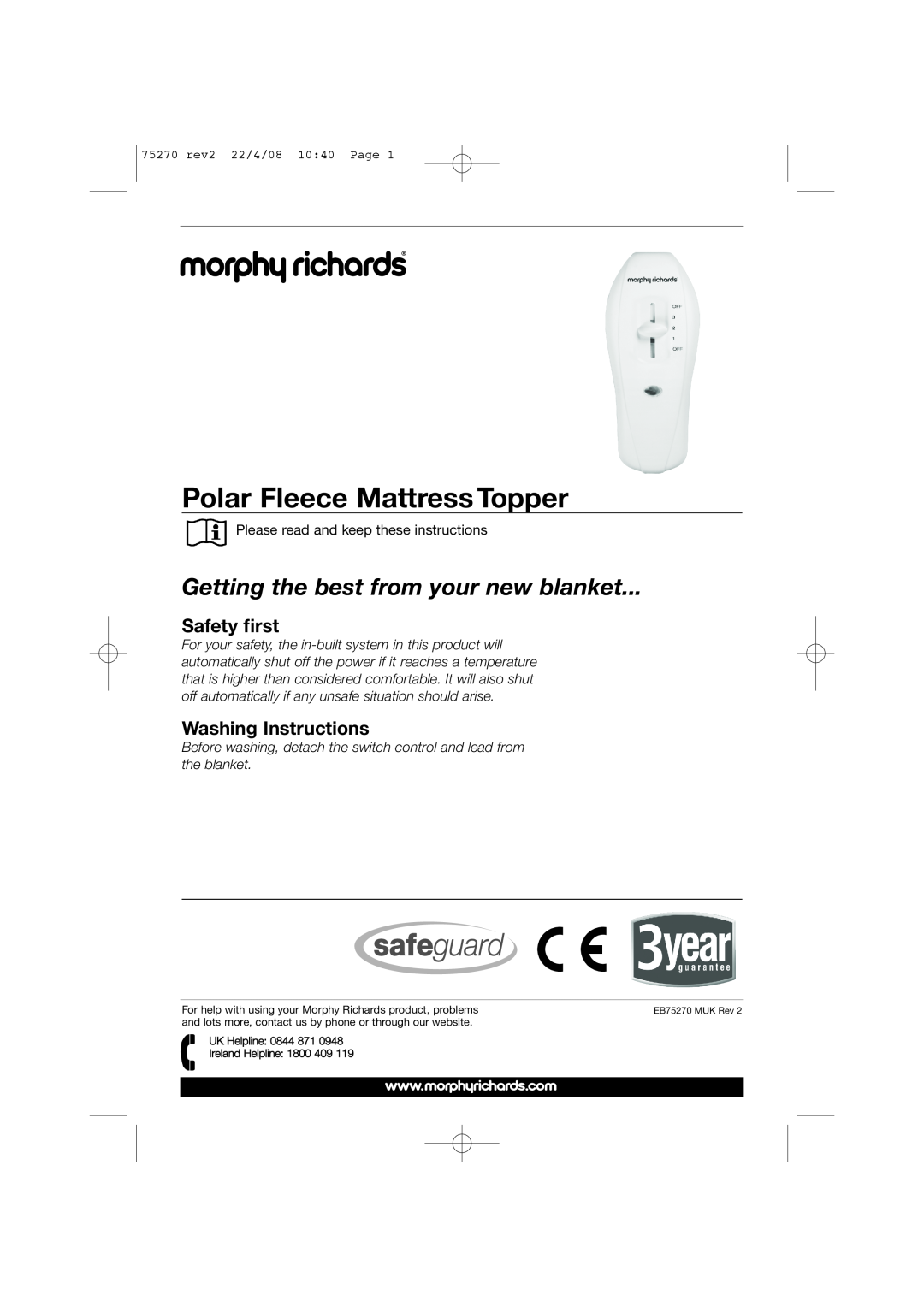 Morphy Richards EB75270 manual Polar Fleece Mattress Topper, Getting the best from your new blanket, Safety first 