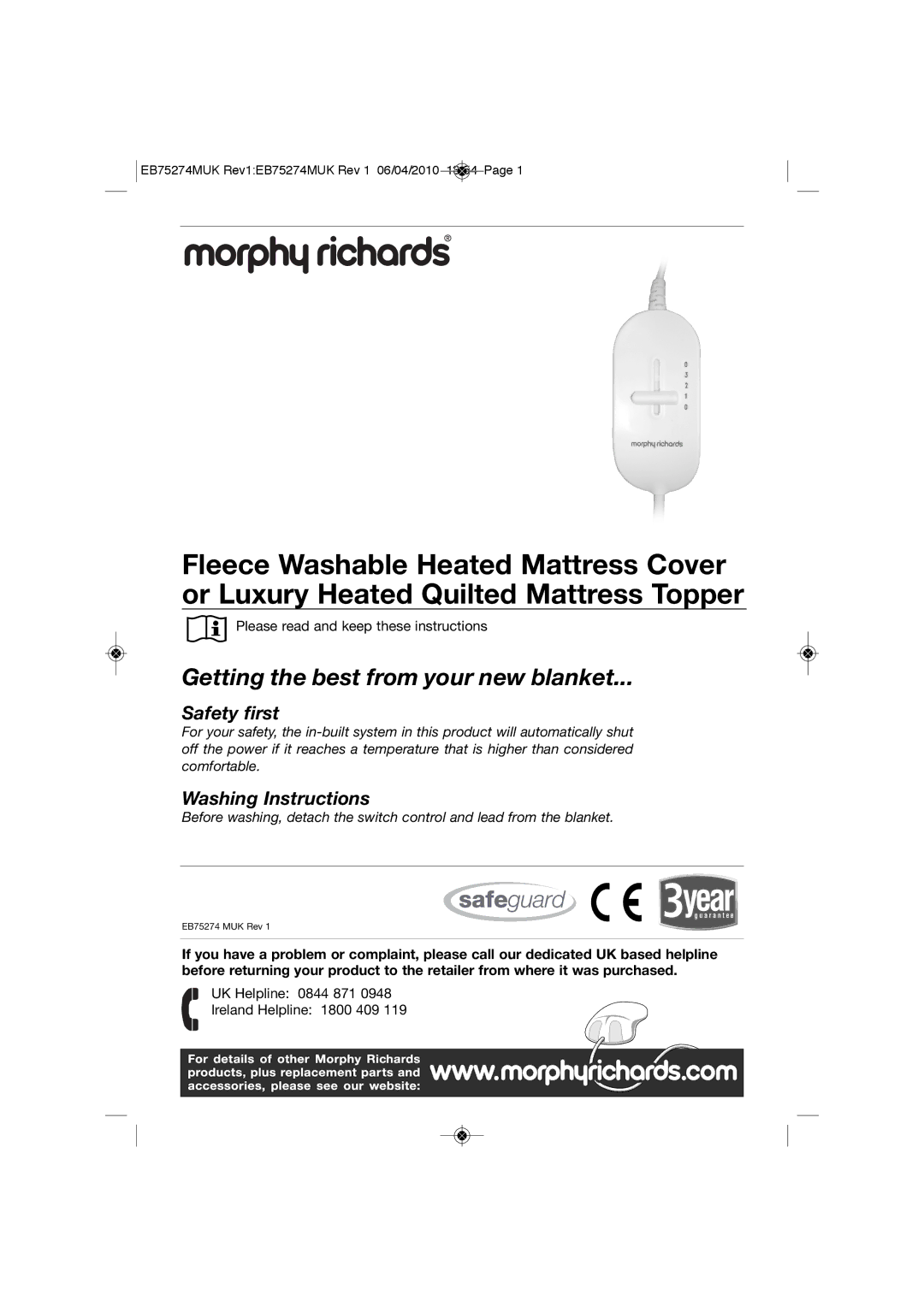 Morphy Richards EB75274 manual Getting the best from your new blanket 