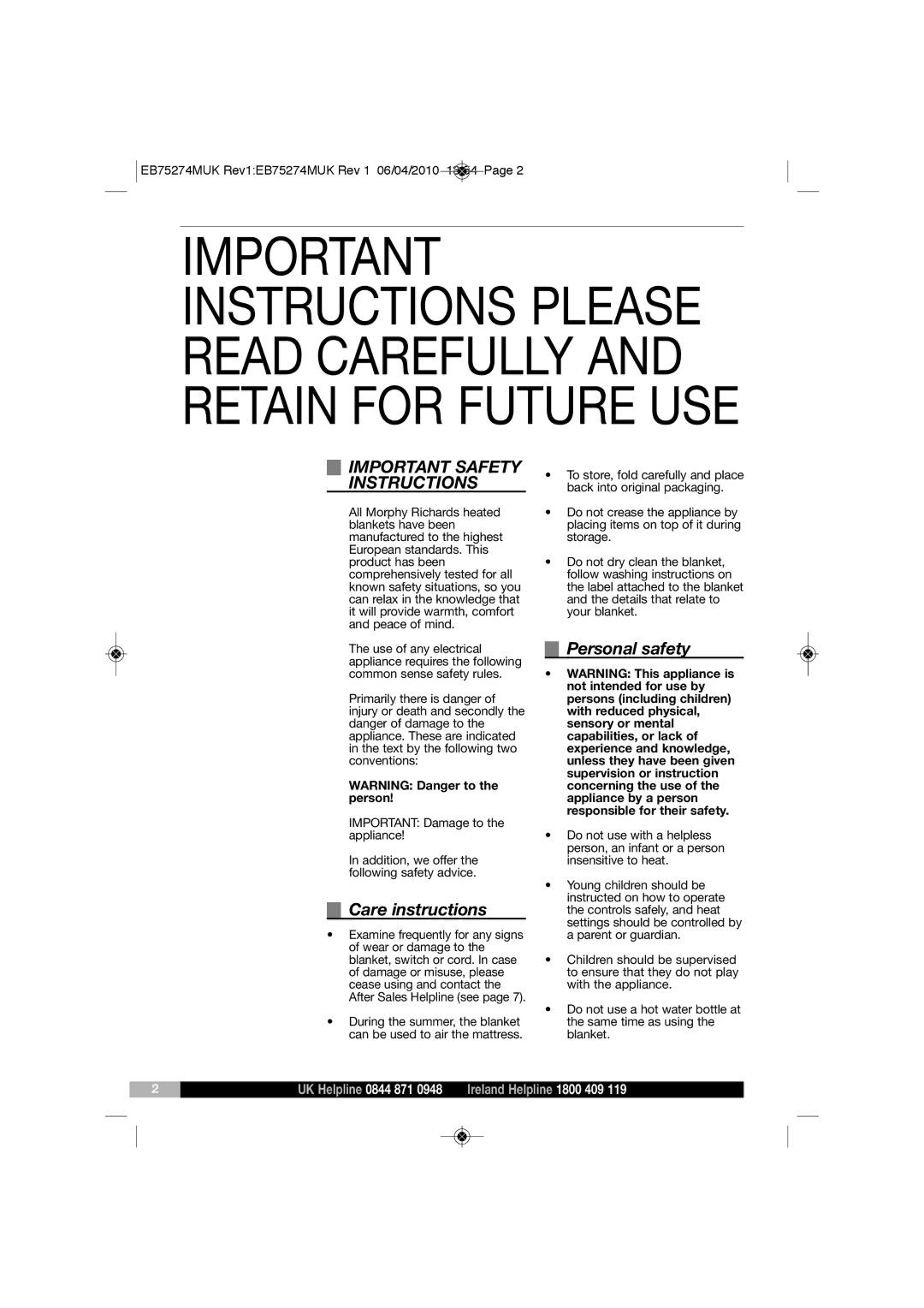 Morphy Richards EB75274 manual Important Safety Instructions, Care instructions, Personal safety 