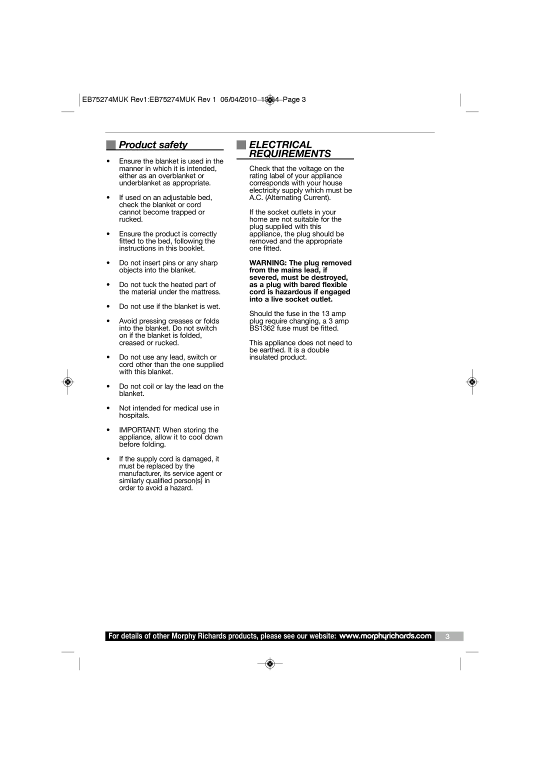 Morphy Richards EB75274 manual Product safety, Electrical Requirements 