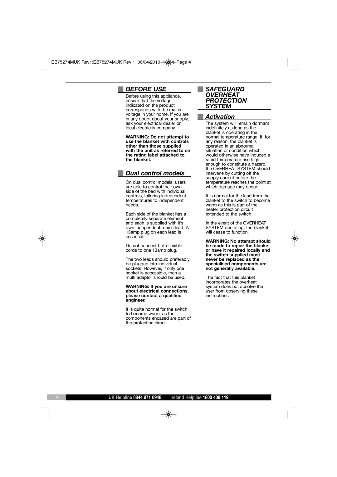 Morphy Richards EB75274 manual Before USE, Dual control models, Safeguard Overheat Protection System, Activation 