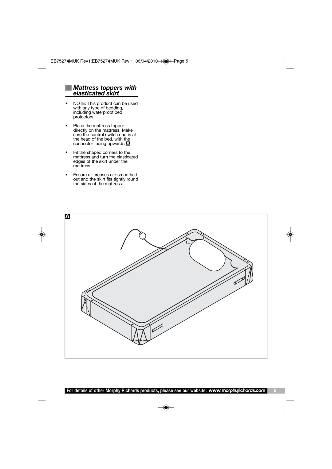 Morphy Richards EB75274 manual Mattress toppers with elasticated skirt 