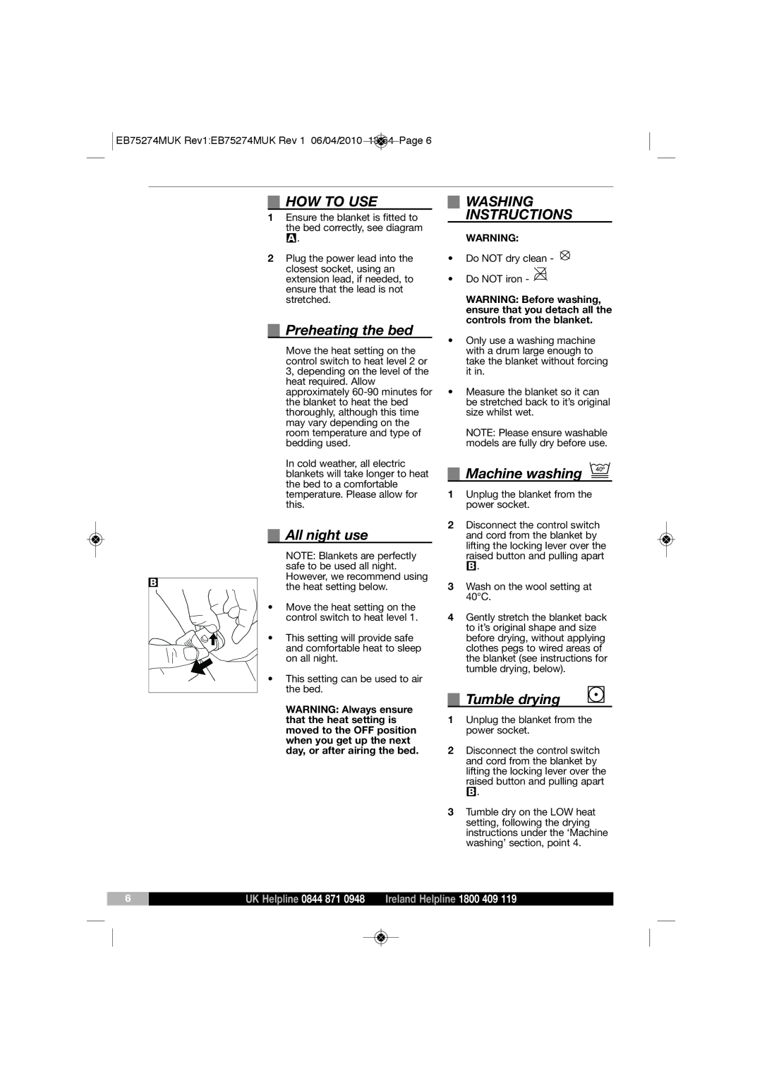 Morphy Richards EB75274 manual HOW to USE, Washing Instructions 