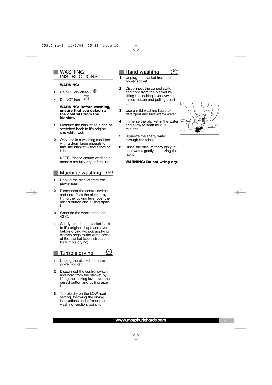 Morphy Richards EB75310 manual Washing Instructions, Machine washing, Tumble drying, Hand washing 