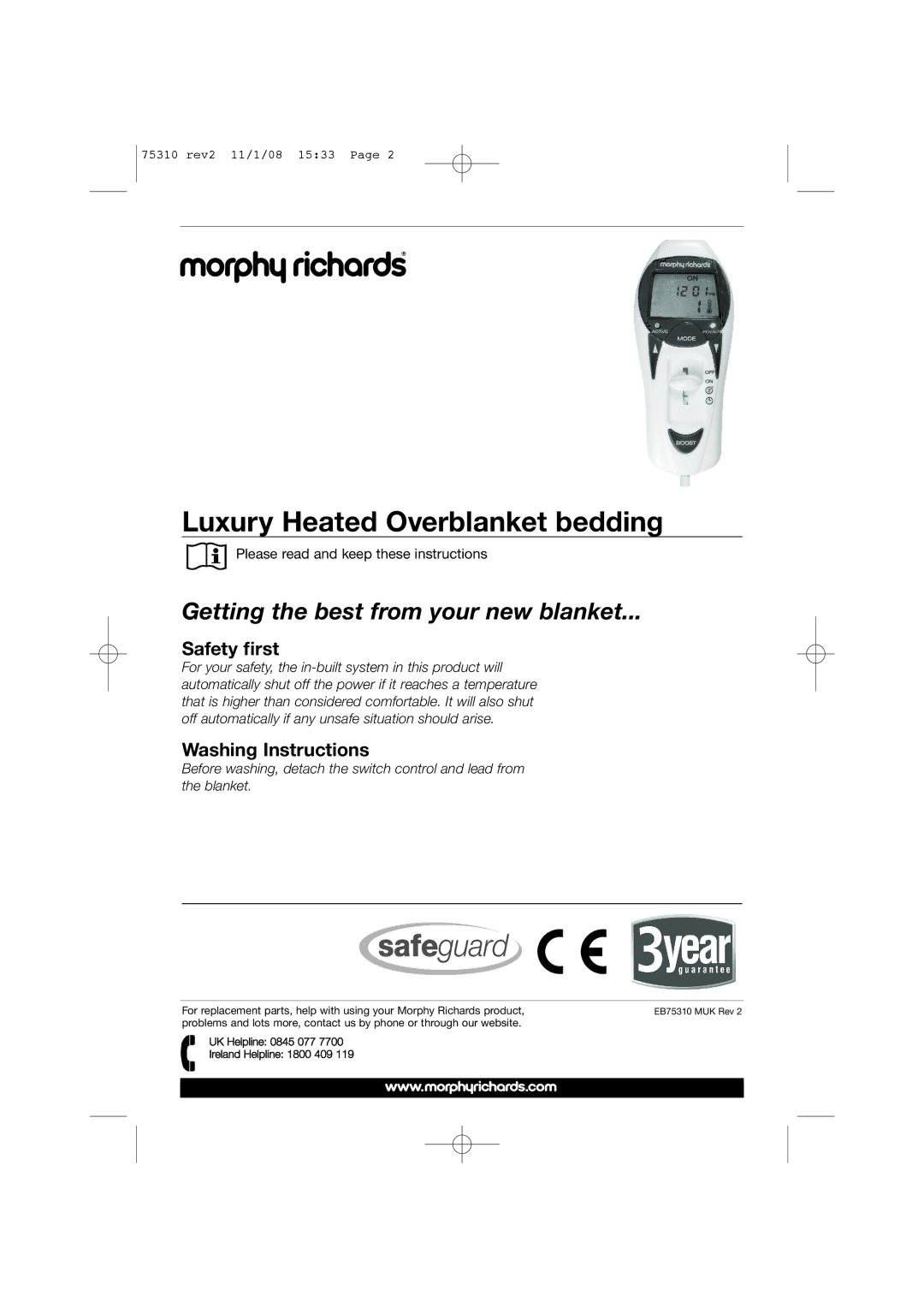 Morphy Richards EB75310 manual Luxury Heated Overblanket bedding 