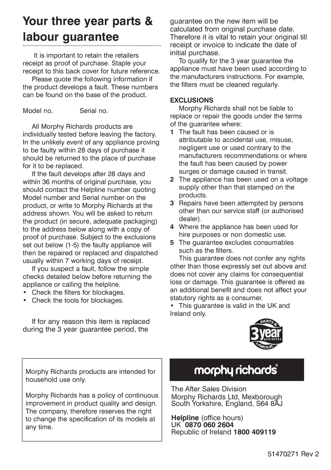 Morphy Richards Ecovac 70096 Rev 2 (Page 1) manual Your three year parts & labour guarantee, Exclusions 