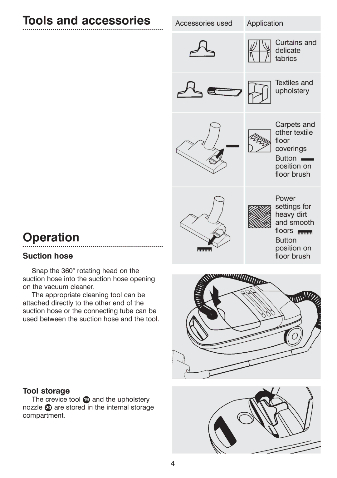 Morphy Richards Ecovac 70096 Rev 2 (Page 1) manual Tools and accessories, Operation, Suction hose, Tool storage 