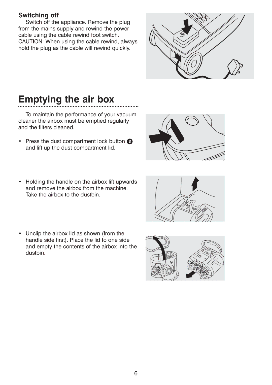 Morphy Richards Ecovac 70096 Rev 2 (Page 1) manual Emptying the air box, Switching off 