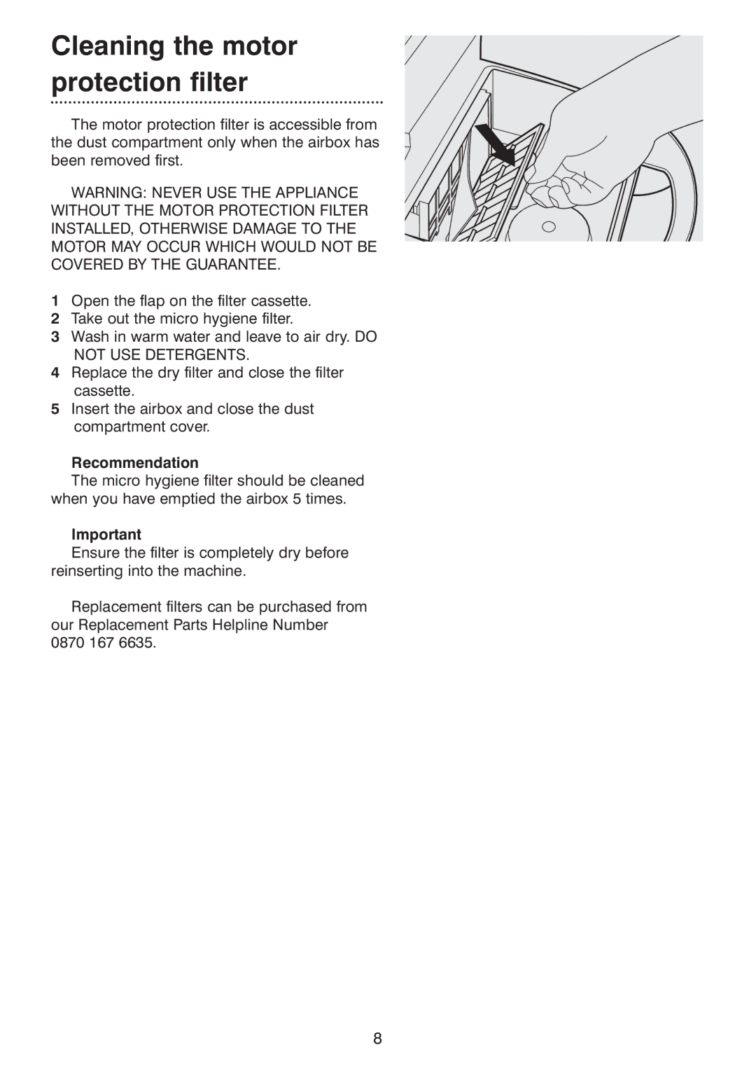 Morphy Richards Ecovac 70096 Rev 2 (Page 1) manual Cleaning the motor protection filter, Recommendation 