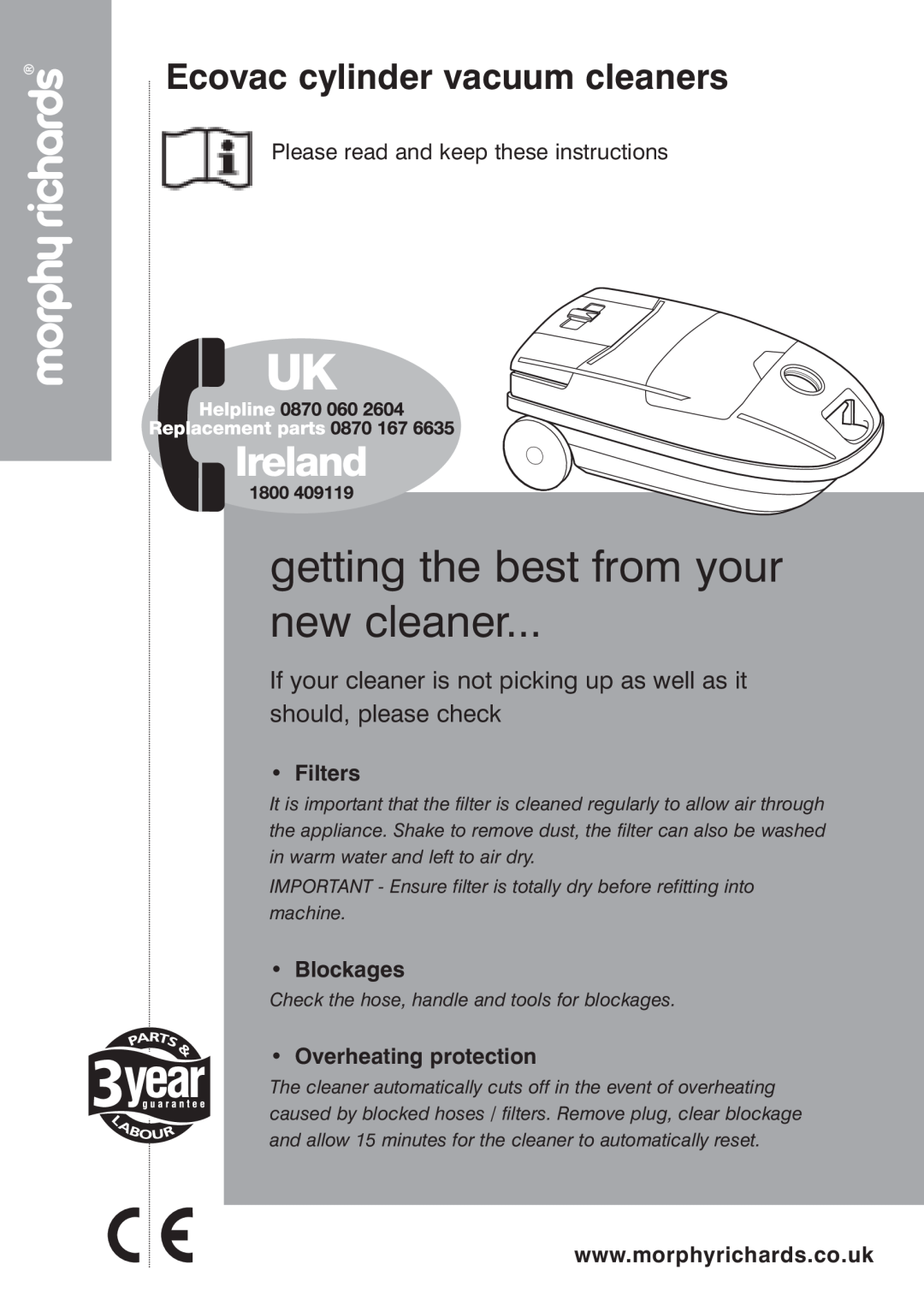 Morphy Richards Ecovac 70096 Rev 2 (Page 1) manual Filters, Blockages, Overheating protection 