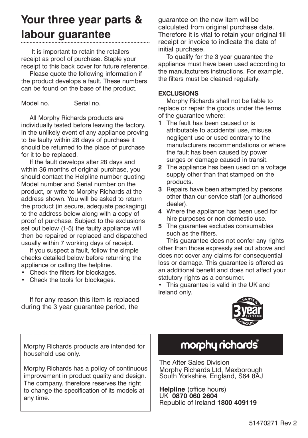 Morphy Richards Ecovac 70096 Rev 2 (Page 1) manual Your three year parts & labour guarantee, UK 0870, Exclusions 