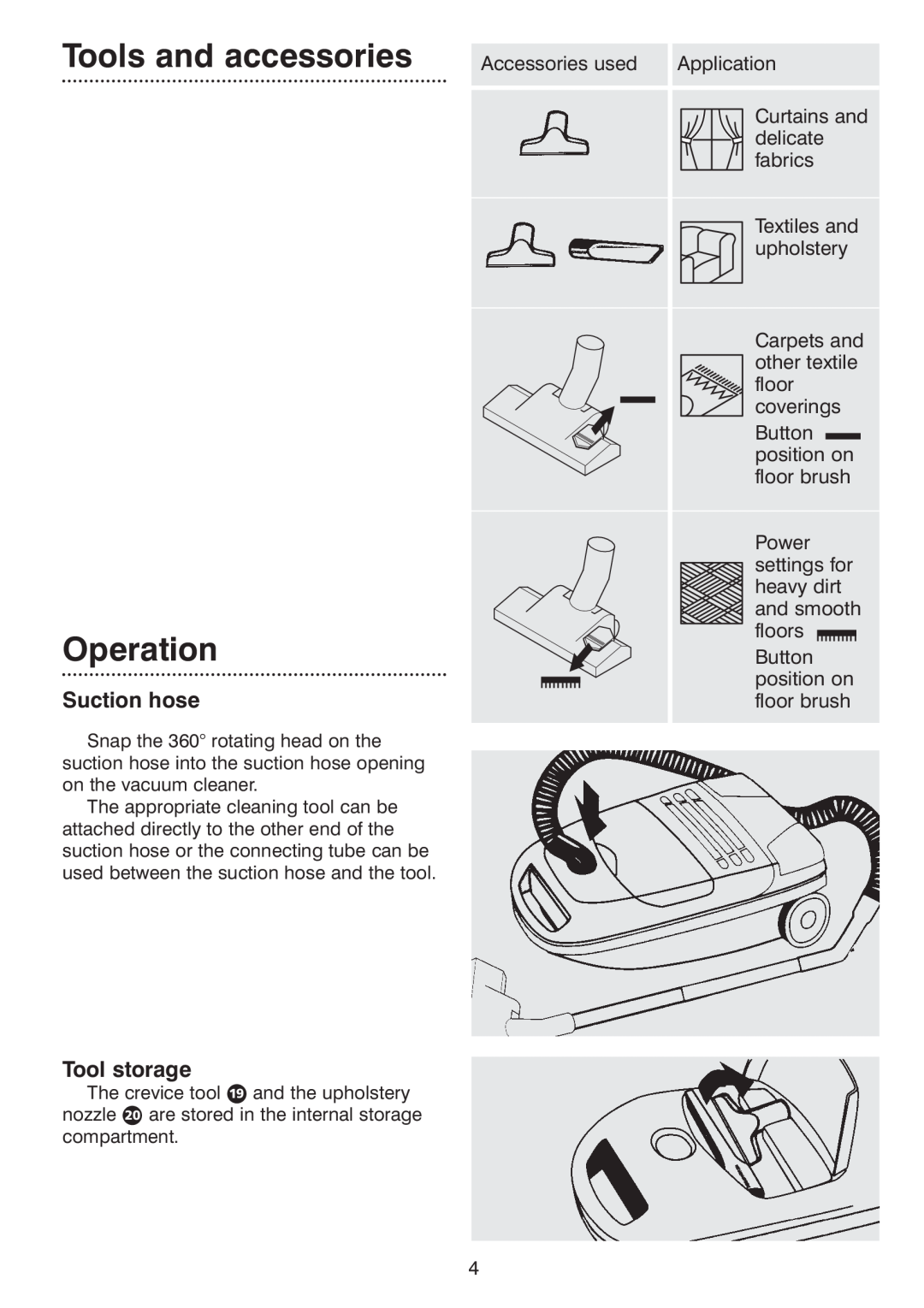 Morphy Richards Ecovac 70096 Rev 2 (Page 1) manual Tools and accessories, Operation, Suction hose, Tool storage 