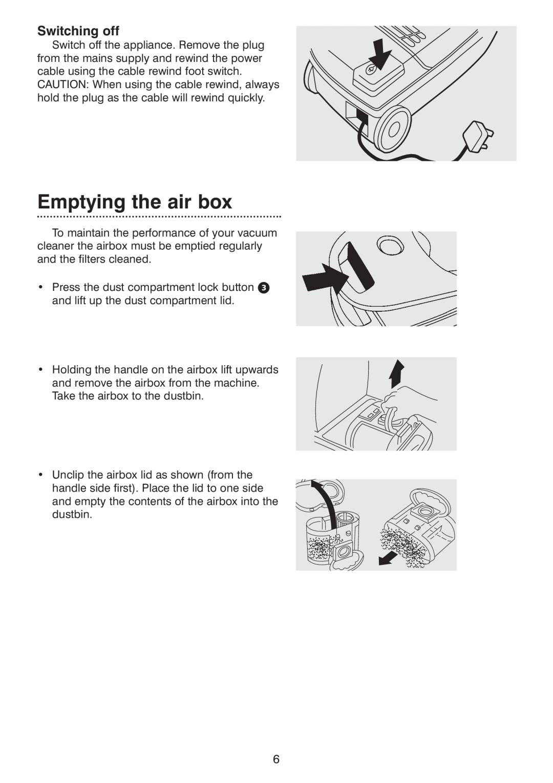 Morphy Richards Ecovac 70096 Rev 2 (Page 1) manual Emptying the air box, Switching off 