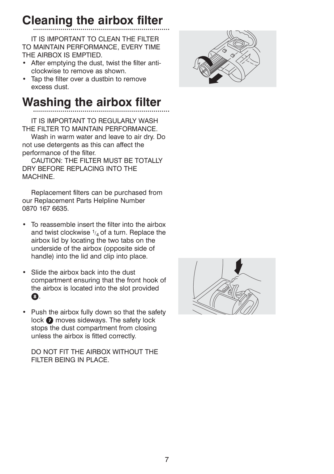 Morphy Richards Ecovac 70096 Rev 2 (Page 1) manual Cleaning the airbox filter, Washing the airbox filter 