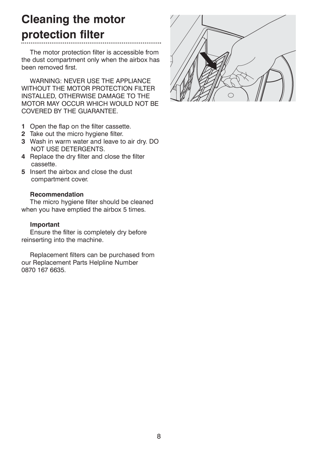 Morphy Richards Ecovac 70096 Rev 2 (Page 1) manual Cleaning the motor protection filter, Recommendation 