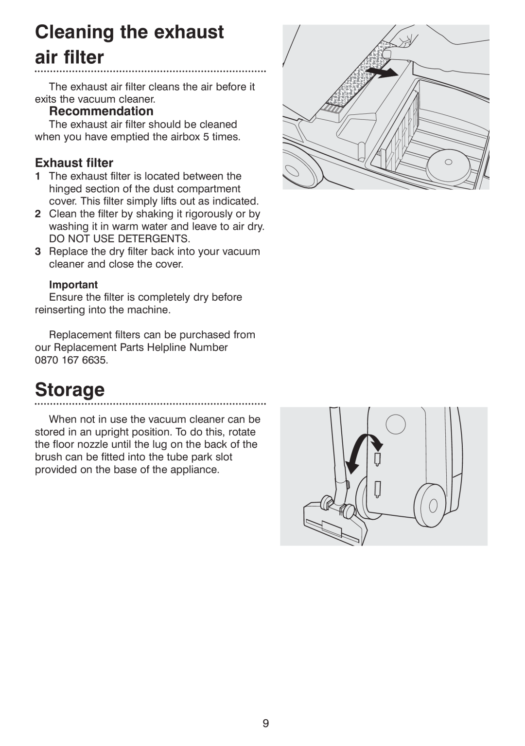 Morphy Richards Ecovac 70096 Rev 2 (Page 1) manual Cleaning the exhaust air filter, Storage, Recommendation, Exhaust filter 
