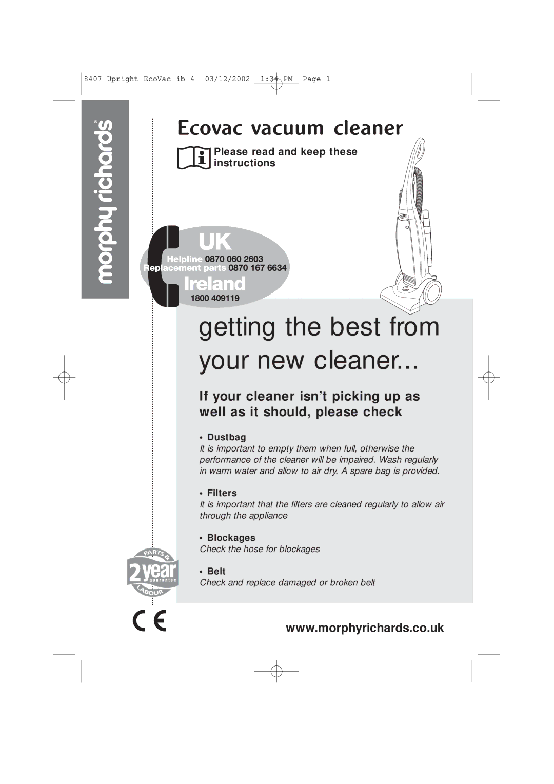 Morphy Richards Ecovac vacuum cleaner manual Getting the best from Your new cleaner 