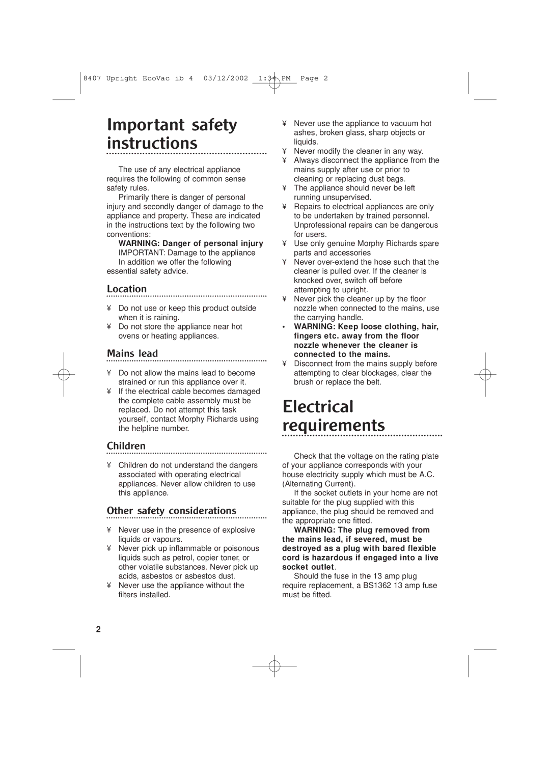 Morphy Richards Ecovac vacuum cleaner manual Important safety instructions, Electrical requirements 