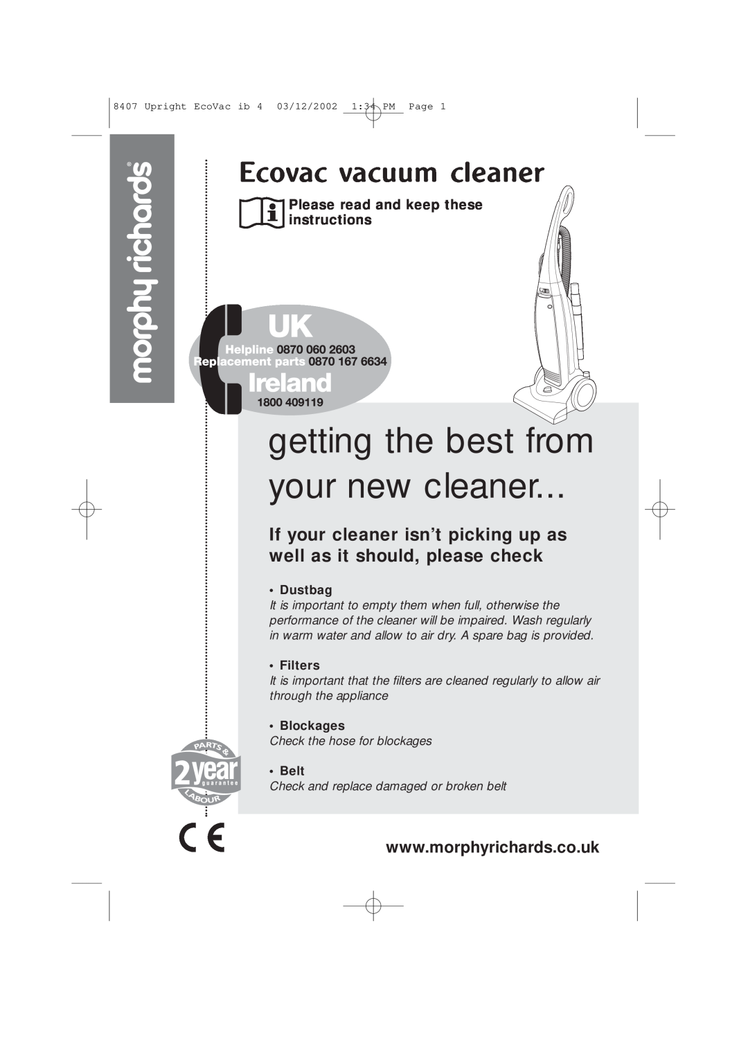 Morphy Richards Ecovac vacuum cleaner manual Please read and keep these instructions, Dustbag, Filters, Blockages, Belt 
