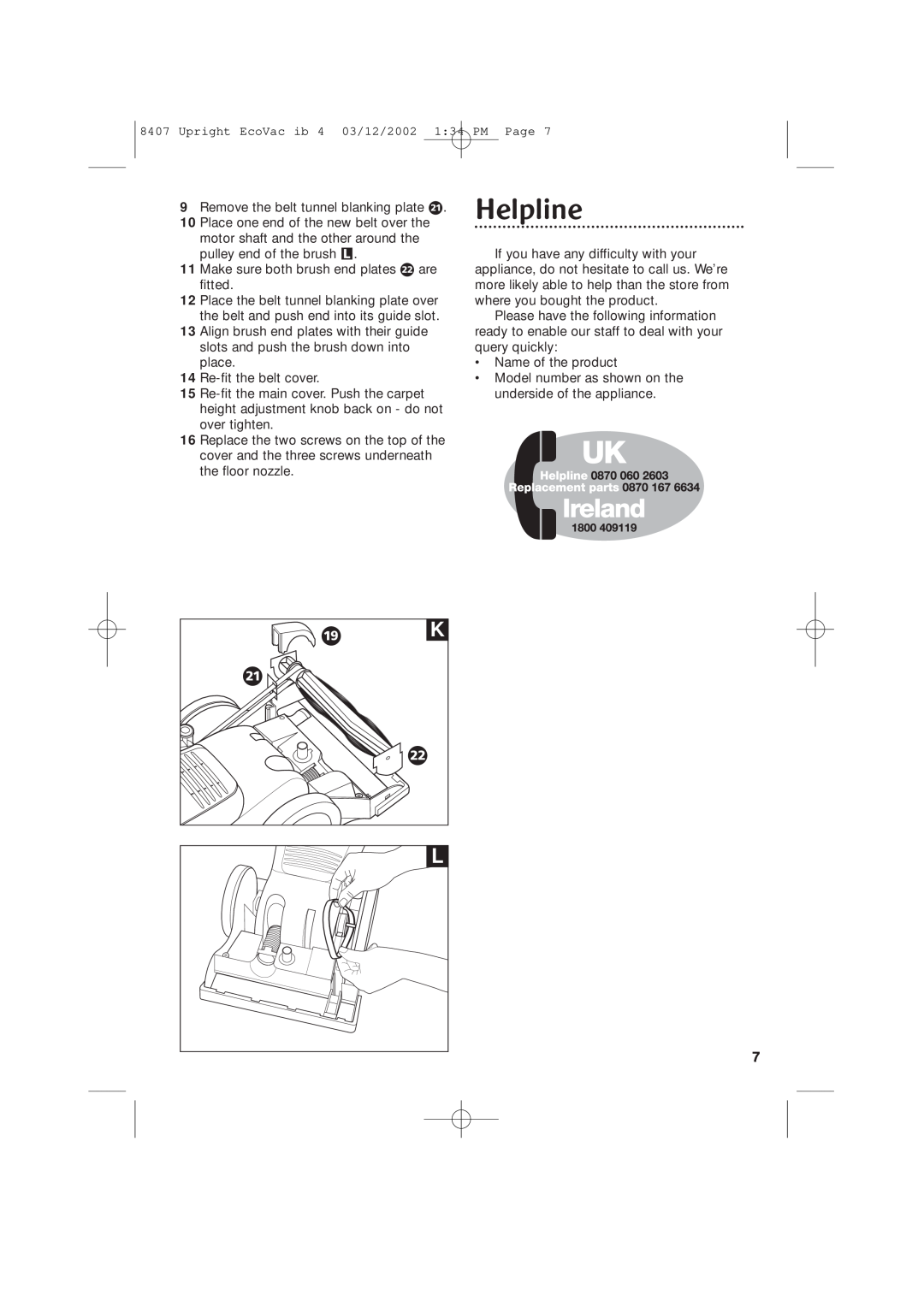 Morphy Richards Ecovac vacuum cleaner manual Helpline, order line 