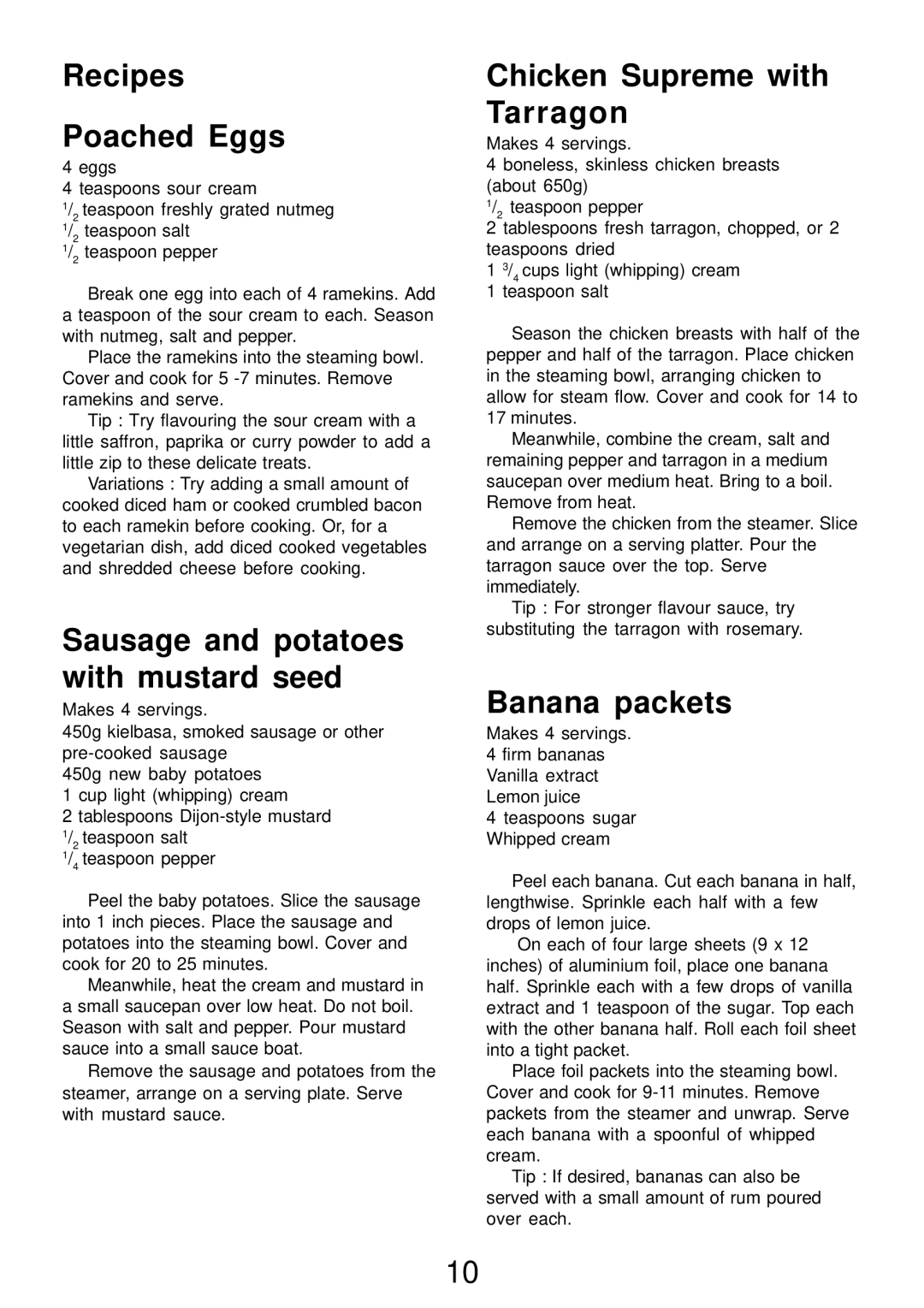 Morphy Richards Electric Steamer manual Recipes Poached Eggs, Sausage and potatoes with mustard seed, Banana packets 