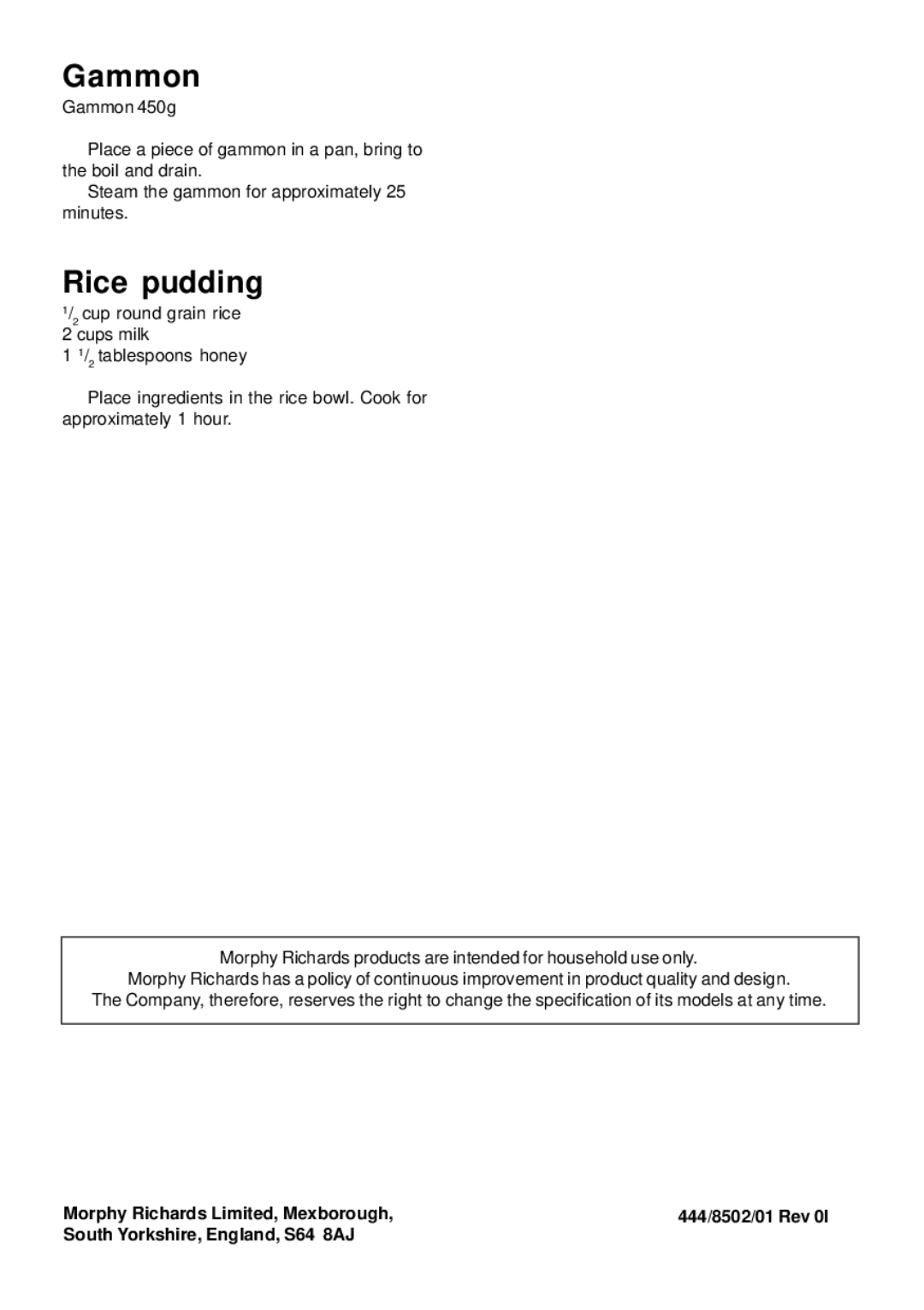 Morphy Richards Electric Steamer manual Gammon, Rice pudding 