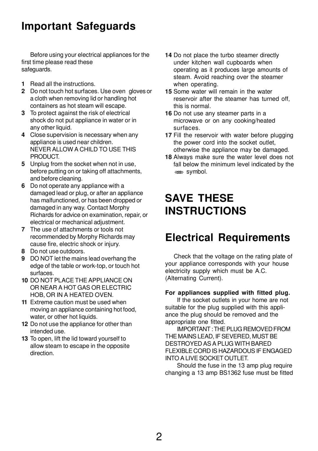 Morphy Richards Electric Steamer manual Important Safeguards, Electrical Requirements 