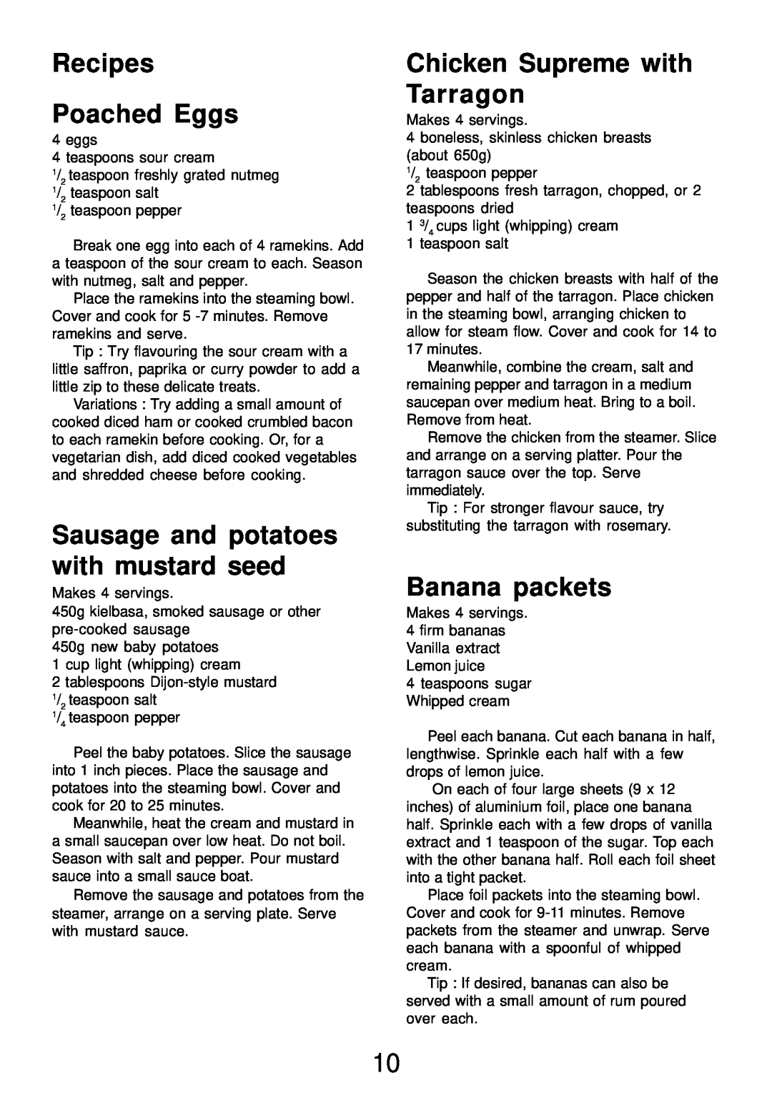 Morphy Richards Electric Steamer manual Recipes Poached Eggs, Sausage and potatoes with mustard seed, Banana packets 