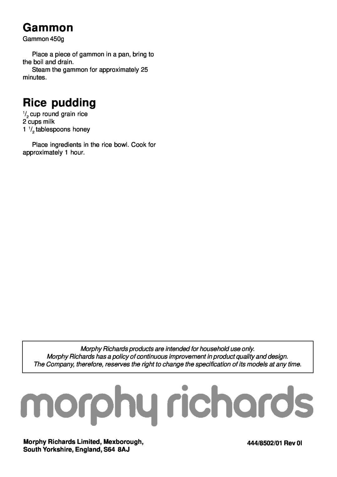 Morphy Richards Electric Steamer manual Gammon, Rice pudding, Morphy Richards Limited, Mexborough 