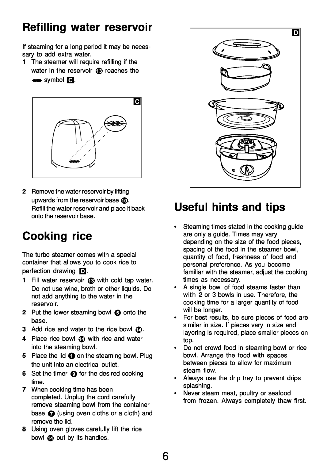 Morphy Richards Electric Steamer manual Refilling water reservoir, Cooking rice, Useful hints and tips 
