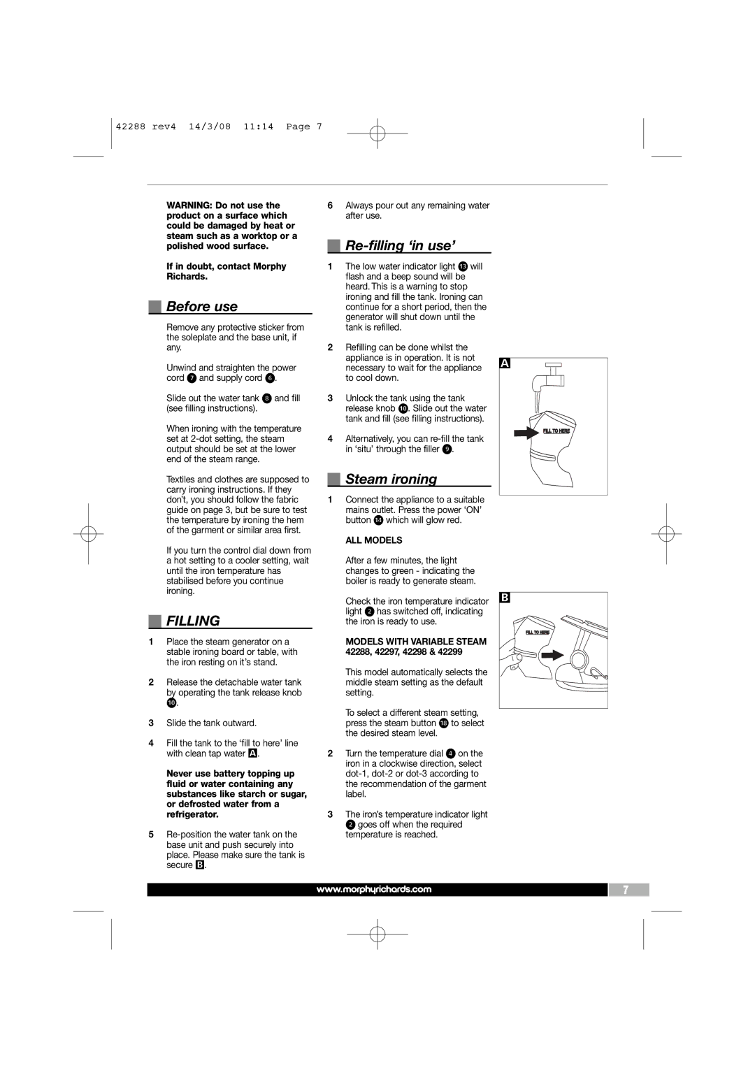 Morphy Richards ELITE PRO, ELITE S manual Before use, Filling, Re-filling ‘in use’, Steam ironing 