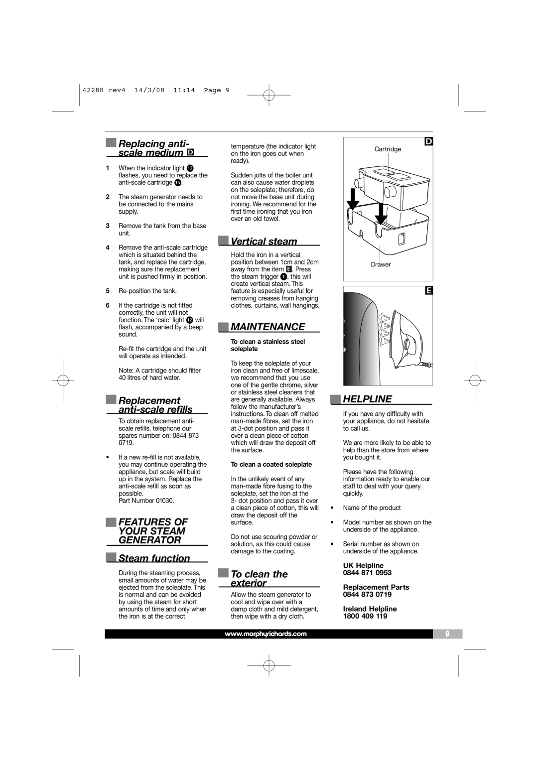 Morphy Richards ELITE PRO, ELITE S manual Features Your Steam Generator, Maintenance, Helpline 