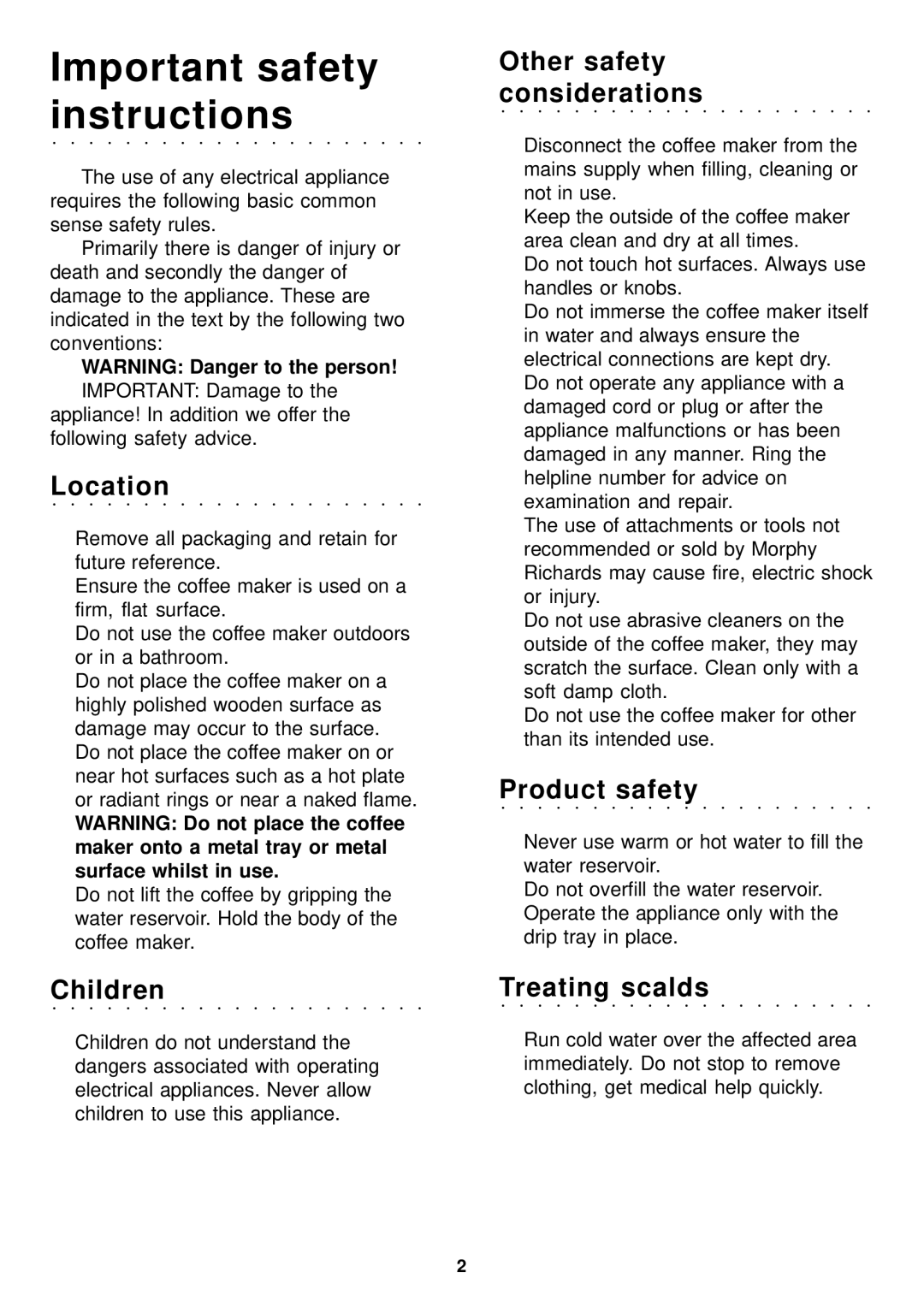 Morphy Richards espresso manual Important safety instructions 