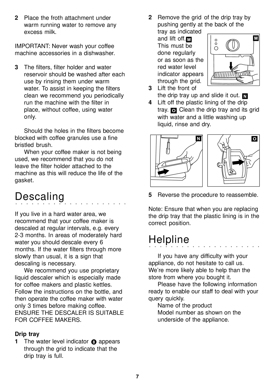 Morphy Richards espresso manual Descaling, Helpline, Drip tray 