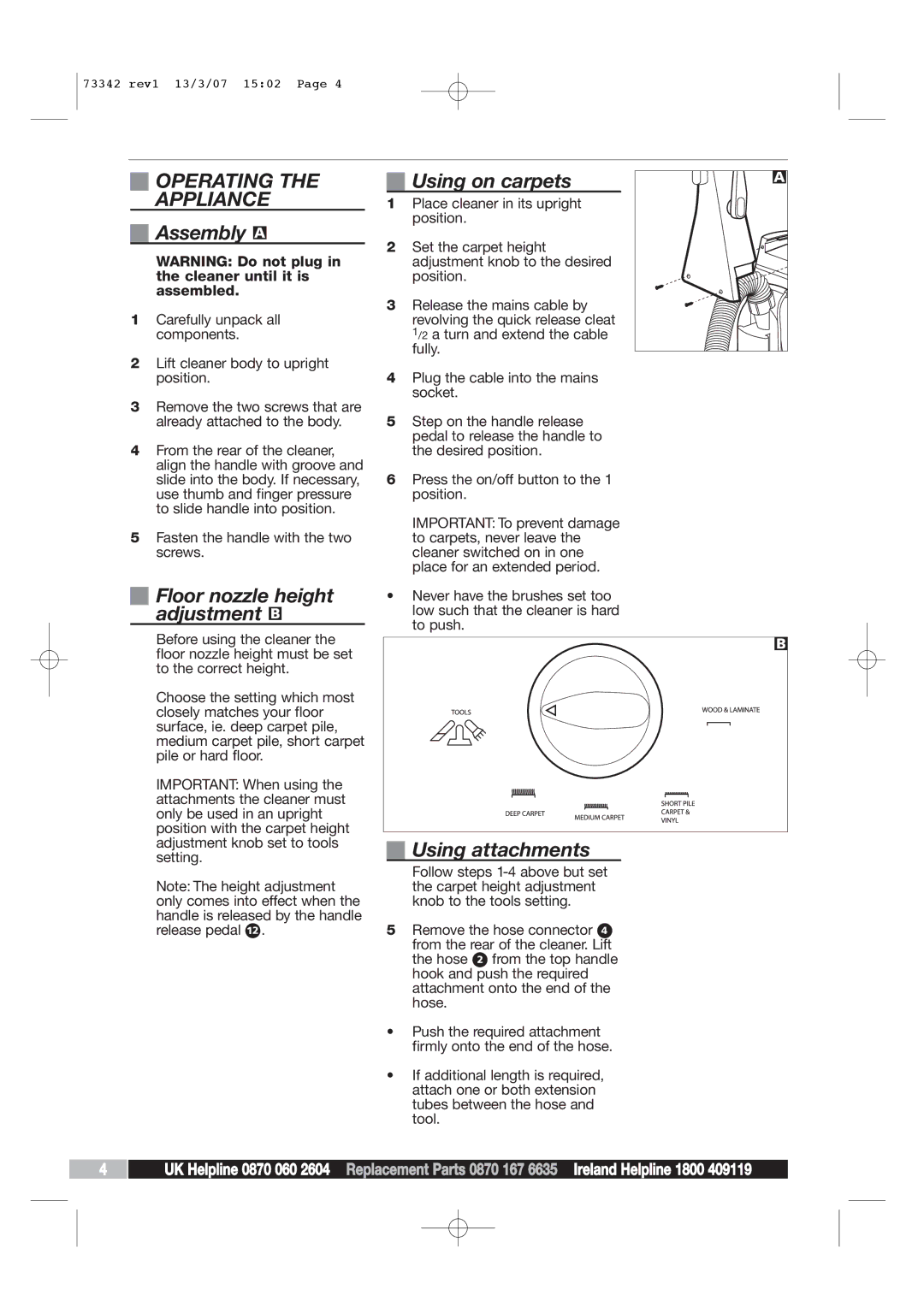 Morphy Richards Essentials Bag Vacuum Cleaner manual Operating Appliance, Assembly a, Floor nozzle height adjustment B 