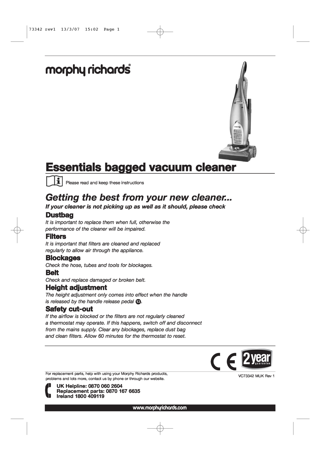 Morphy Richards Essentials Bag Vacuum Cleaner manual Essentials bagged vacuum cleaner, Dustbag, Filters, Blockages, Belt 