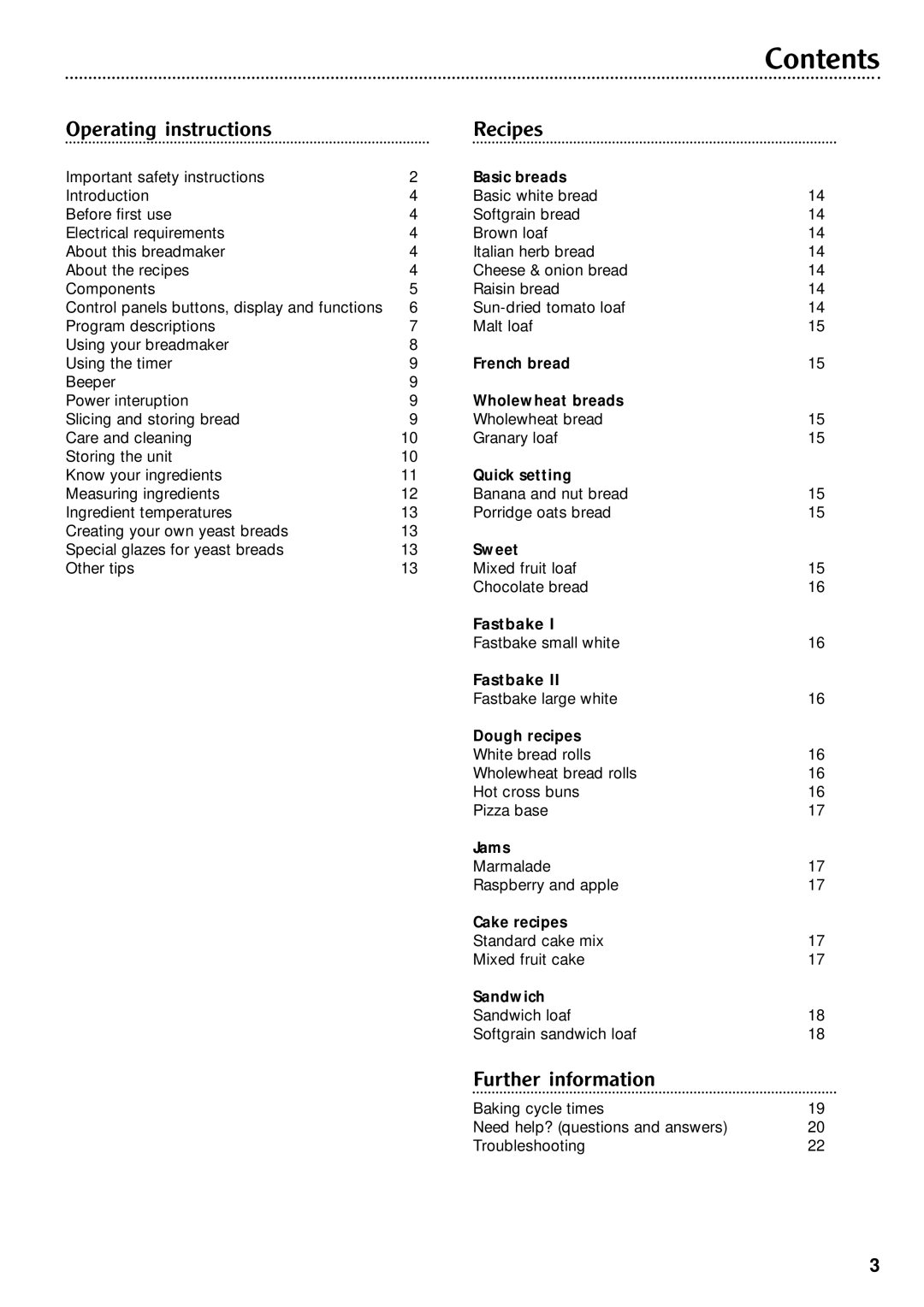 Morphy Richards Fastbake breadmaker manual Contents 