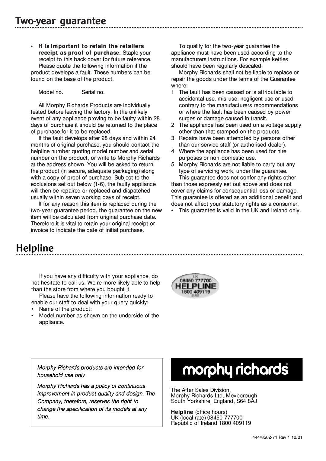 Morphy Richards Fastbake breadmaker manual Two-yearguarantee, Helpline 
