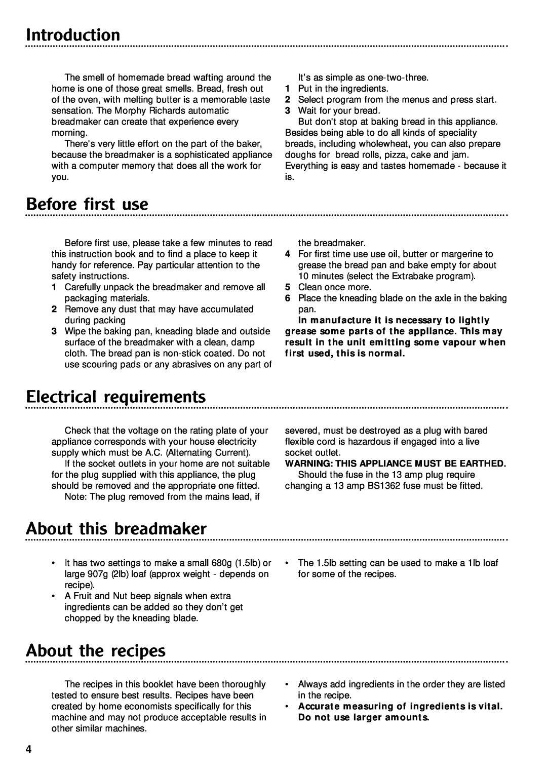 Morphy Richards Fastbake breadmaker manual Introduction, Before first use, Electrical requirements, About this breadmaker 