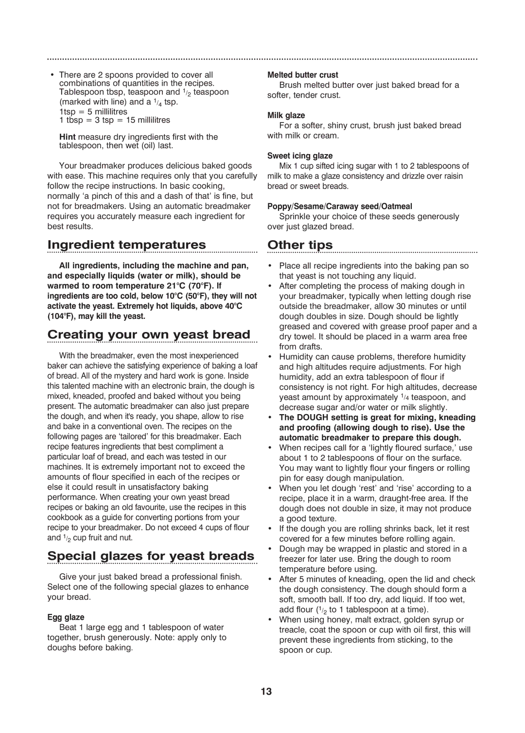 Morphy Richards Fastbake manual Ingredient temperatures Other tips, Creating your own yeast bread 