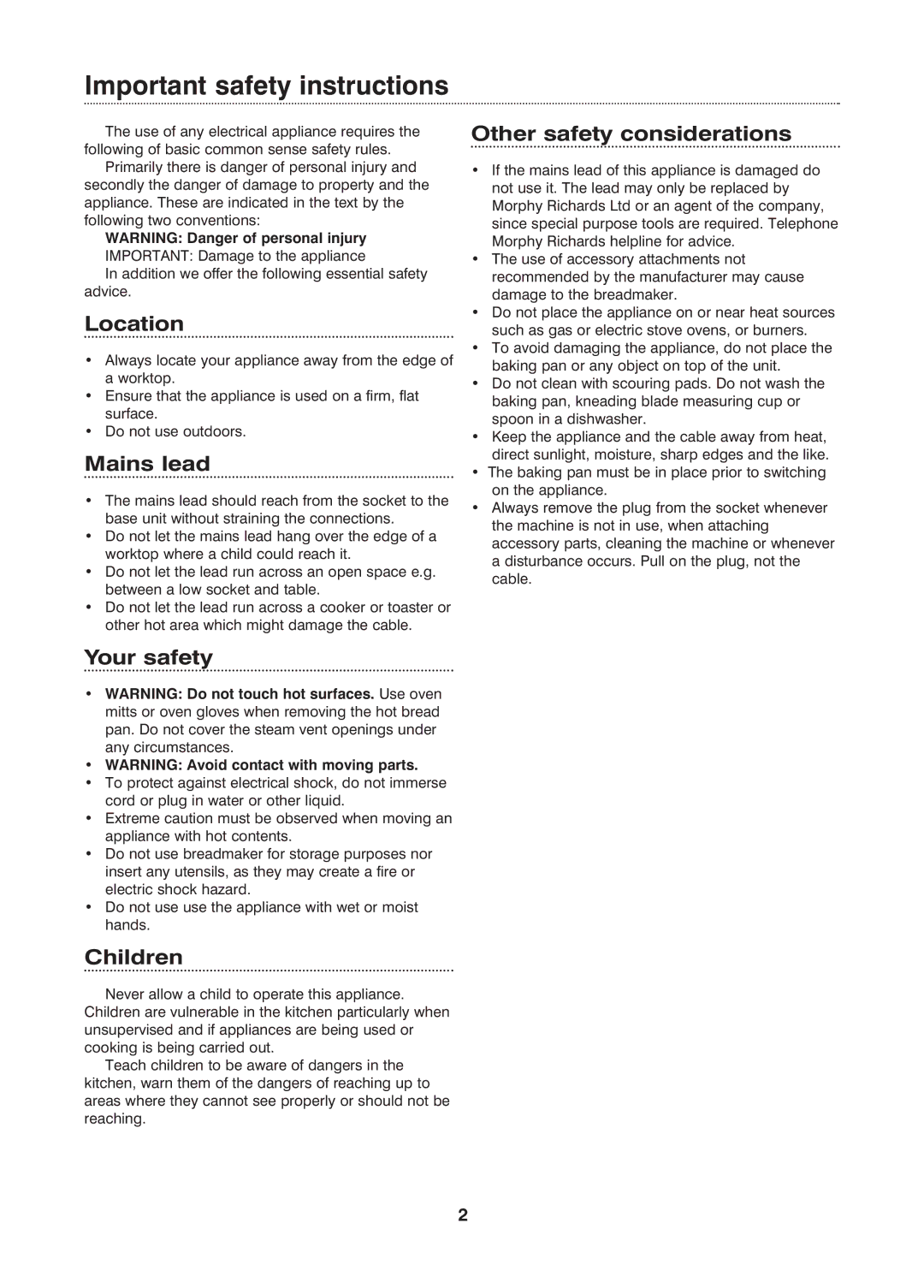 Morphy Richards Fastbake manual Important safety instructions 