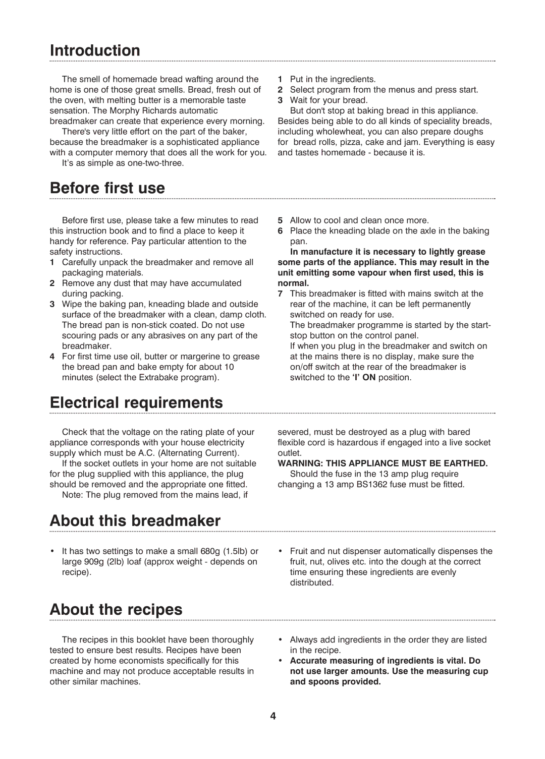 Morphy Richards Fastbake Introduction, Before first use, Electrical requirements, About this breadmaker, About the recipes 