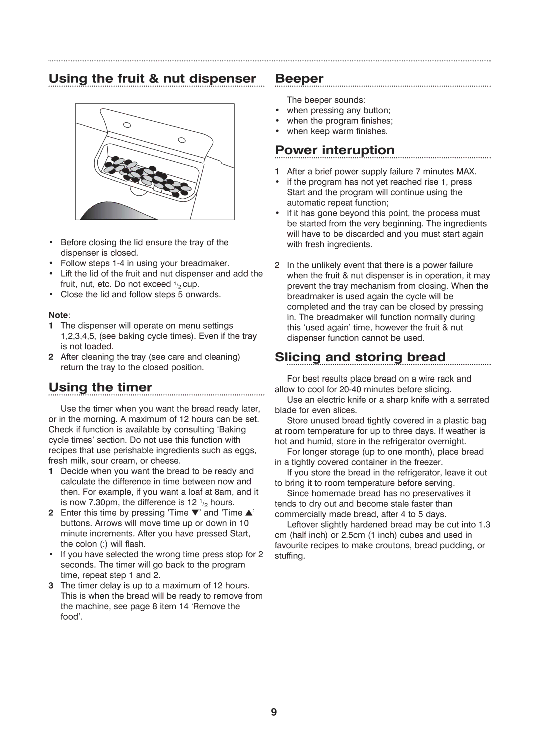 Morphy Richards Fastbake manual Using the fruit & nut dispenser Beeper, Using the timer, Power interuption 