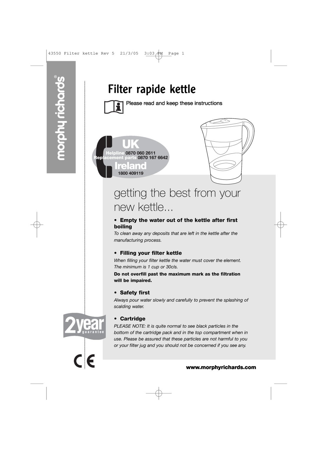 Morphy Richards Filter rapide kettle manual getting the best from your new kettle, Please read and keep these instructions 