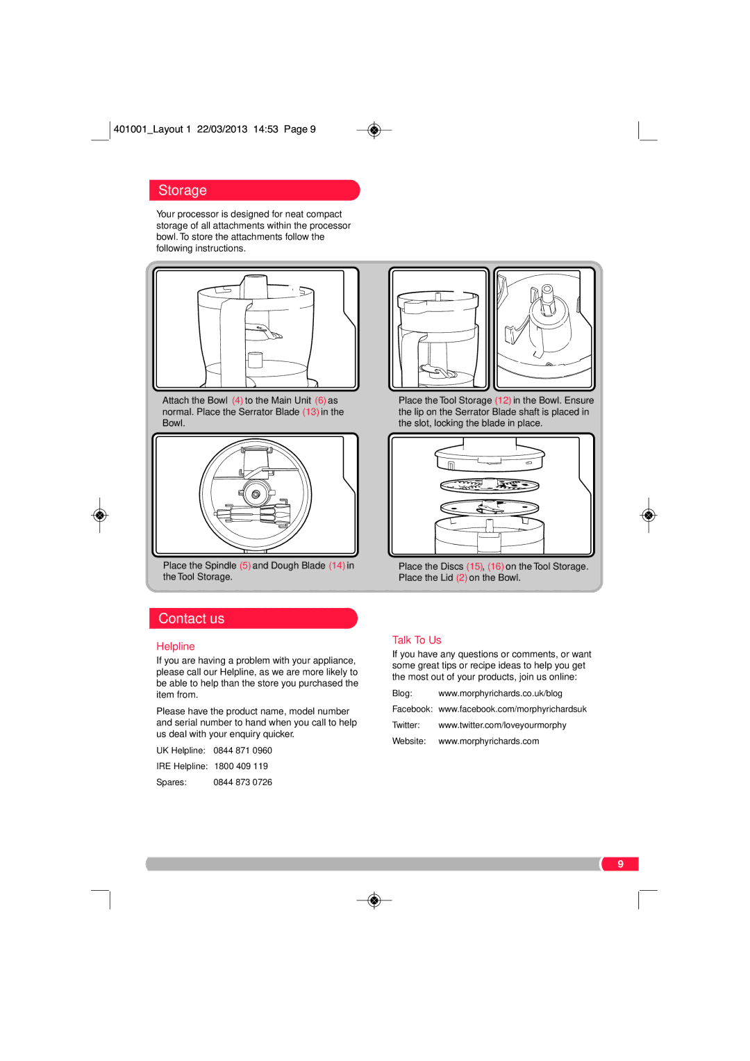 Morphy Richards FP401001 manual Storage, Contact us 