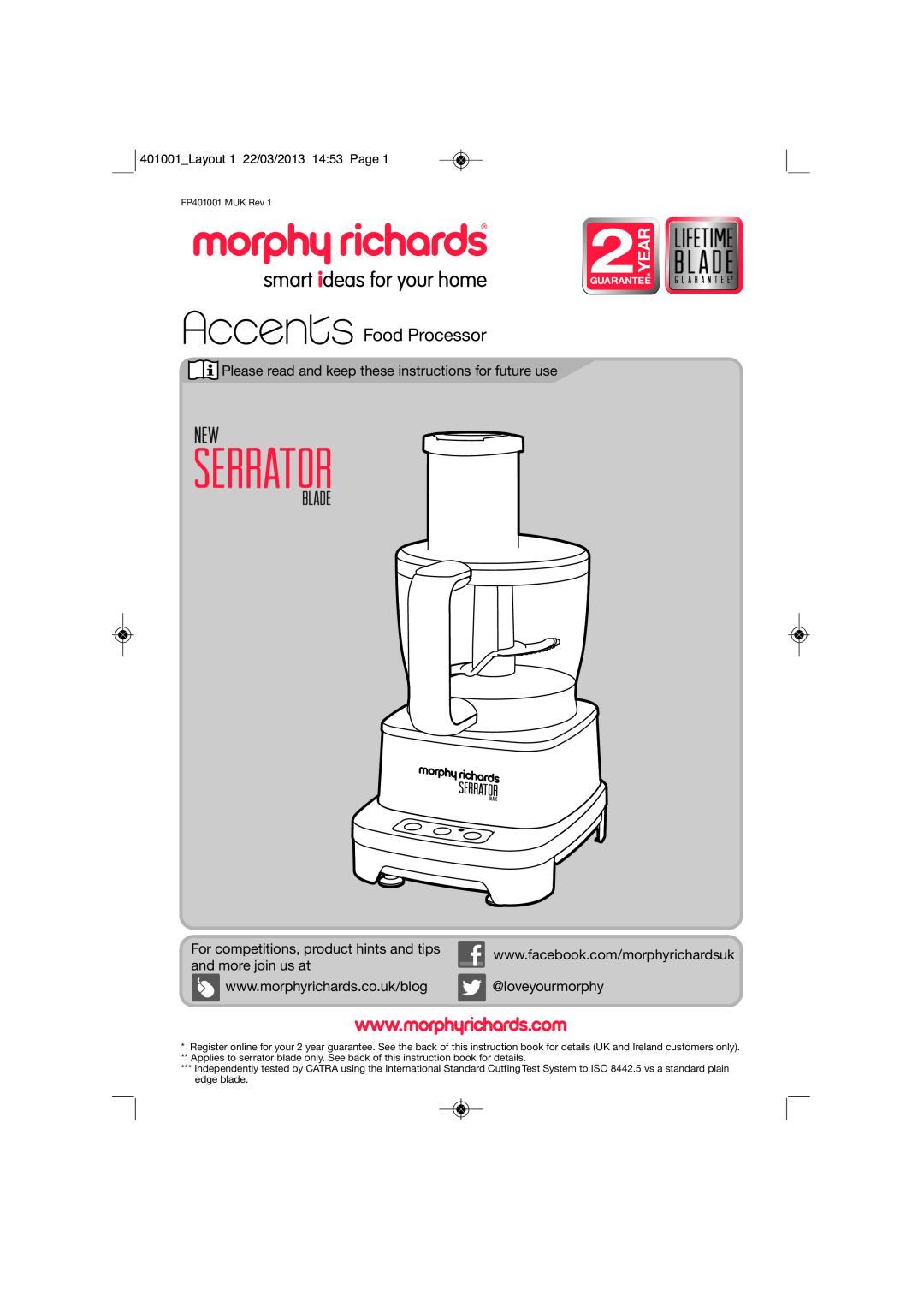 Morphy Richards FP401001 manual 2YEAR, Food Processor, Please read and keep these instructions for future use 