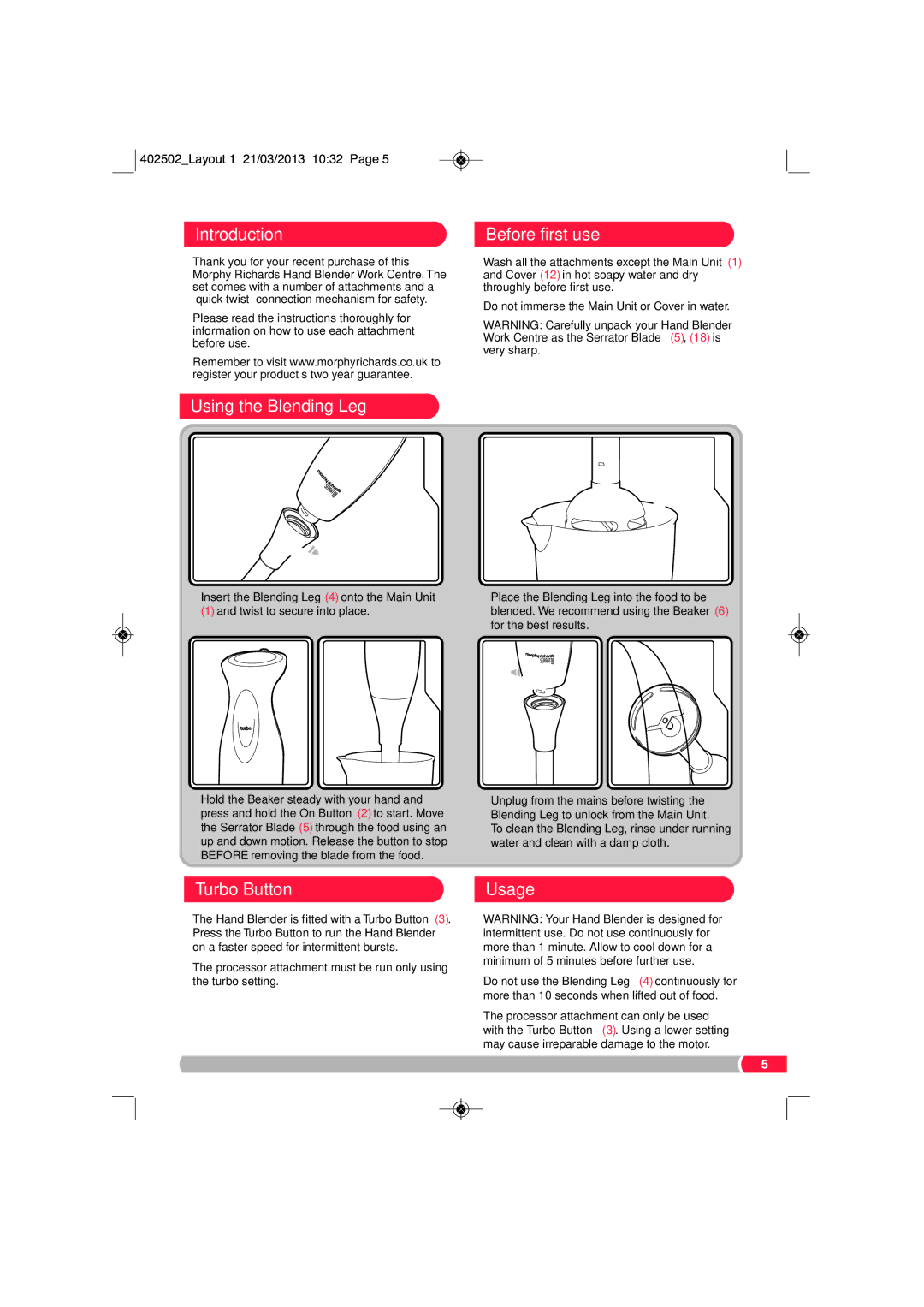 Morphy Richards FP402502 manual Introduction, Before first use, Using the Blending Leg, Turbo Button Usage 