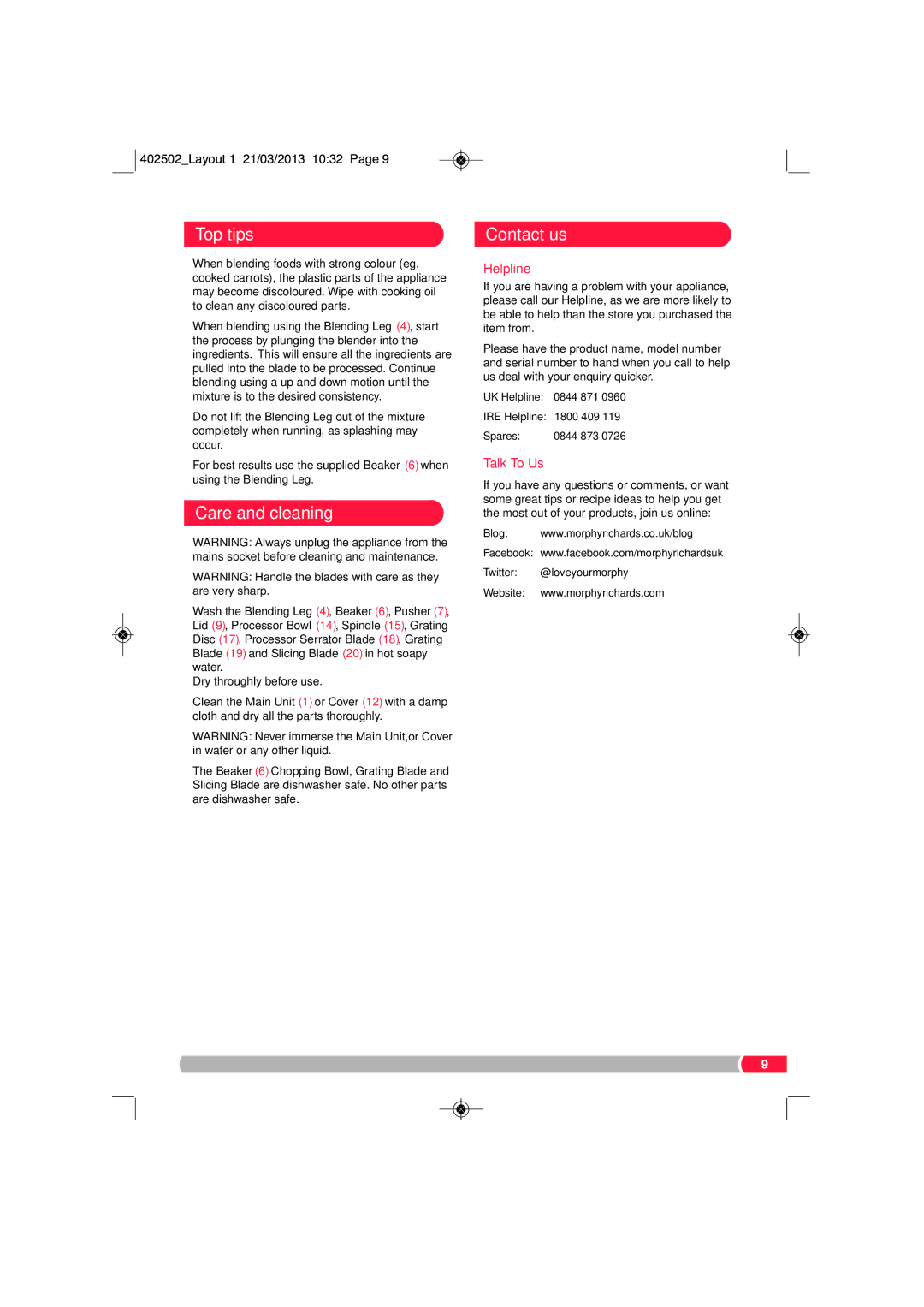 Morphy Richards FP402502 manual Top tips, Care and cleaning, Contact us 