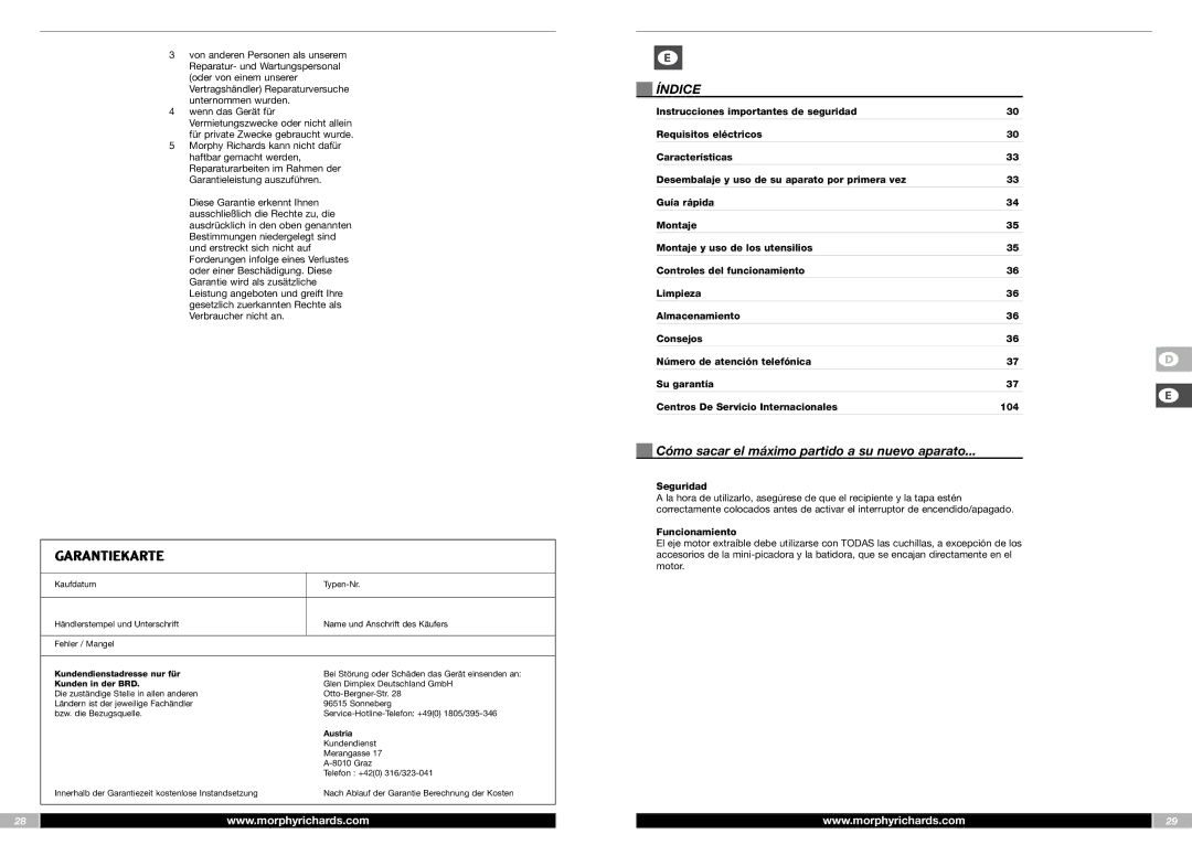 Morphy Richards FP48950MEE manual Índice, Cómo sacar el máximo partido a su nuevo aparato, Seguridad, Funcionamiento 